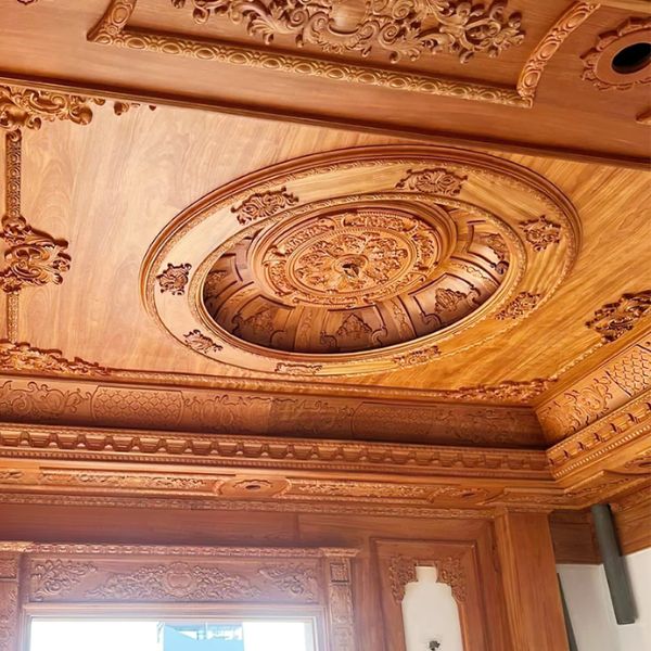 Trần Gỗ Gõ Đỏ Gắn Hoa Văn CNC